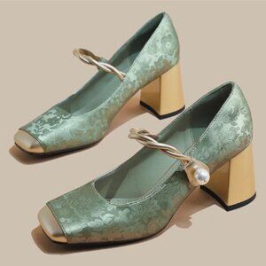 FOWT Green Square Cap Toe Mary Janes Elegant Strap Pearl Pumps Chunky Heels Shoe